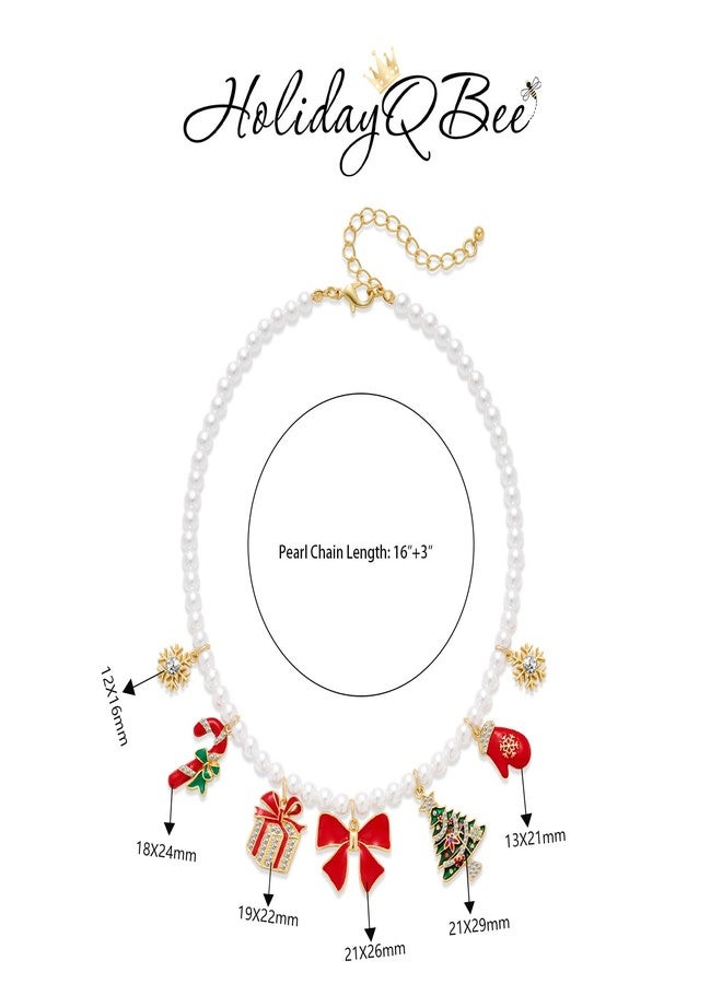 HolidayQbee Christmas Bow Charm Necklace for Women Dainty Christmas Tree Necklace Minimalist Handmade Pearl Necklace for Holiday Jewlery Gift - Image 5